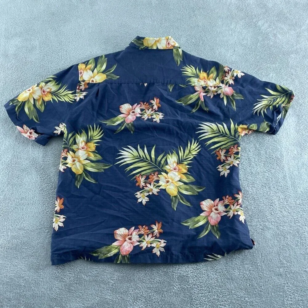Jamaica Jaxx Mens Large Blue Hawaiian Floral Short Sleeve Button-Up Silk Shirt 2 - Picture 2 of 8